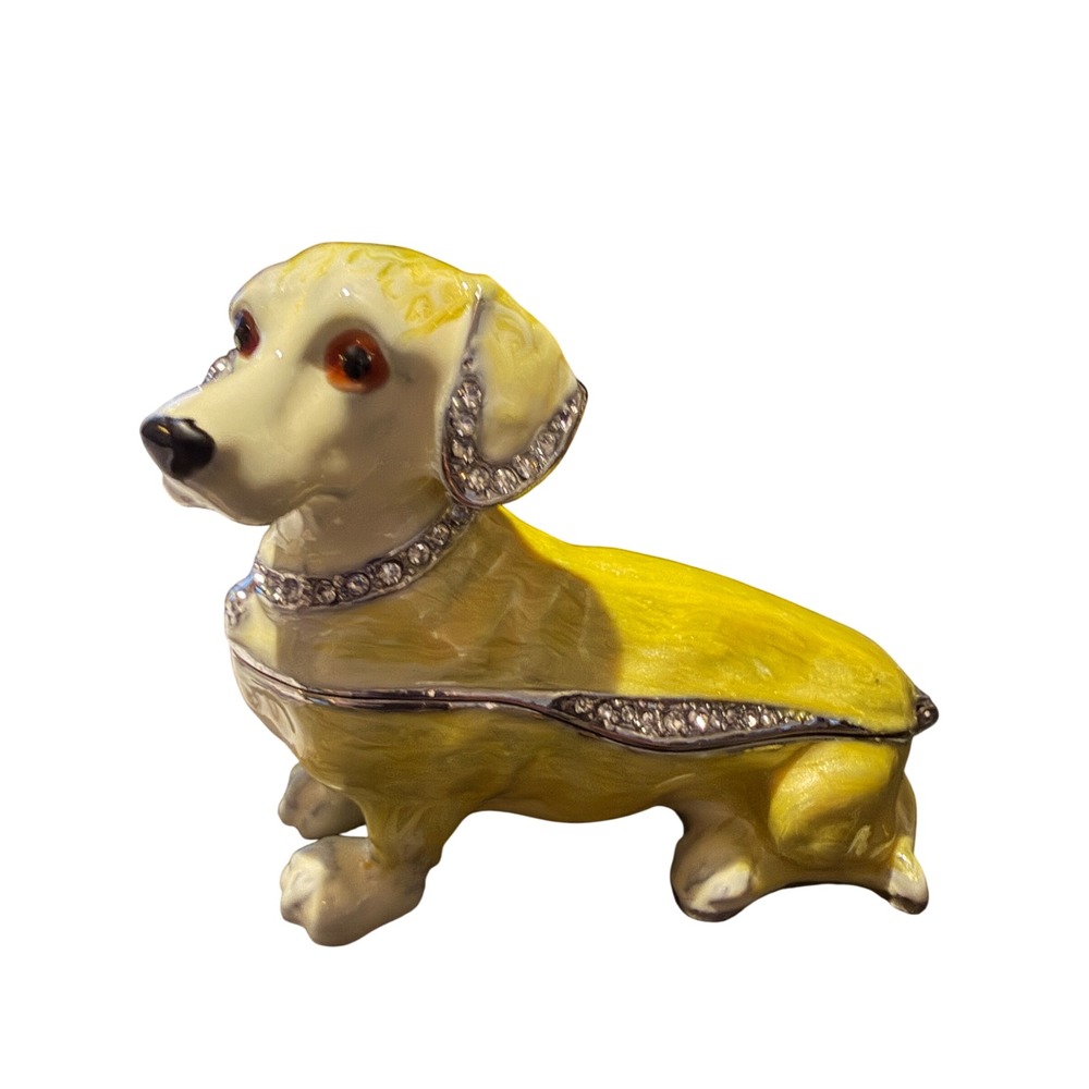 Dachshund Trinket Box Small Yellow Enamel Crystal Dog New - Picture 2 of 9